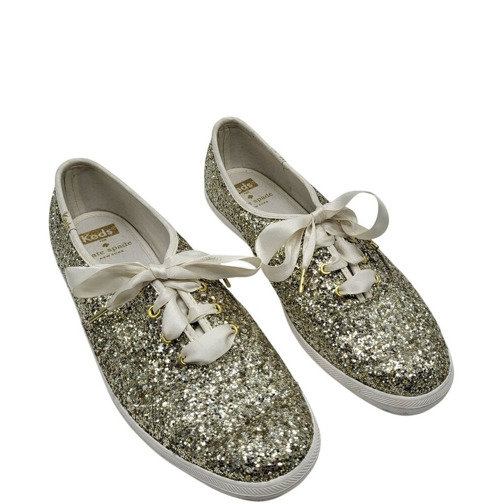 Keds X Kate Spade Gold Glitter Sparkle White Sneakers Satin Laces Women's 8